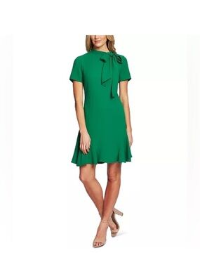 CeCe Bow-Neck Emerald A-line Short Sleeve Flounce Dress
